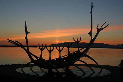 The Sun Voyager sculpture in Reykjavik on a summer night