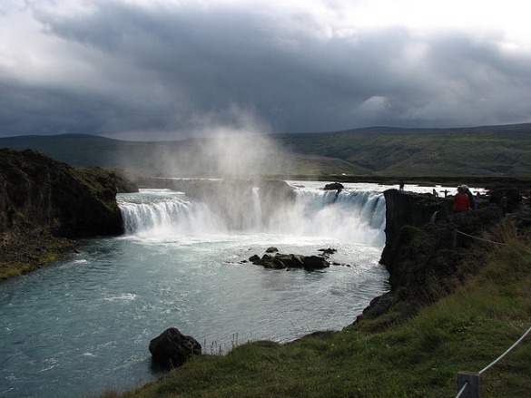 During summer the waterfalls of Iceland, like Godafoss, run clear and free of snow and ice